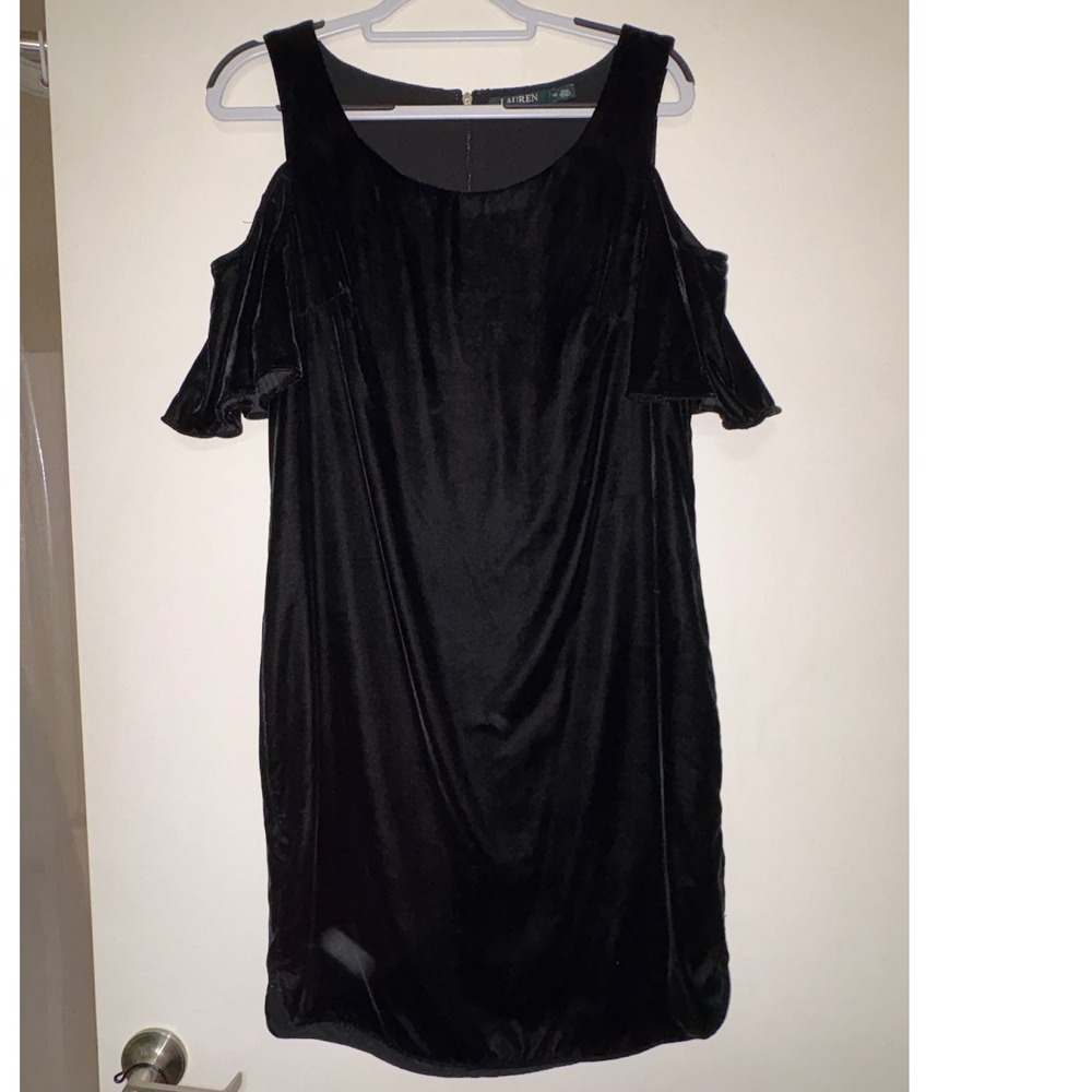 Lauren Ralph Lauren Dress Velvet Cold Shoulder Flutter Sleeve Cocktail Black 10